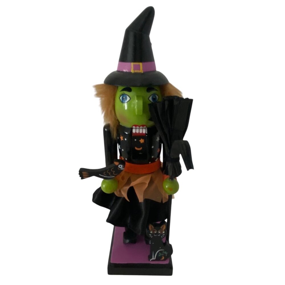 Hand-Painted Halloween Wood Witch Nutcracker Decoration Broom Cat Figurine 9.5"